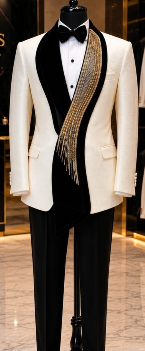 Man 4piece cream and black cotton fabric suit with beads